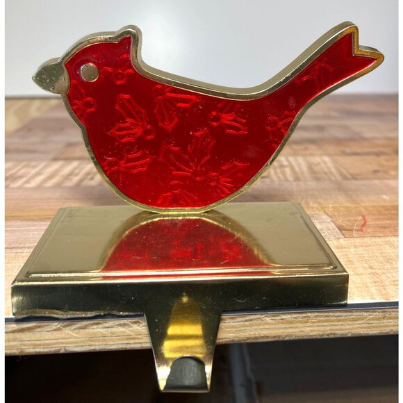 Gold & Red Cardinal Stocking Holder With Holly Motif - Picture 1 of 7